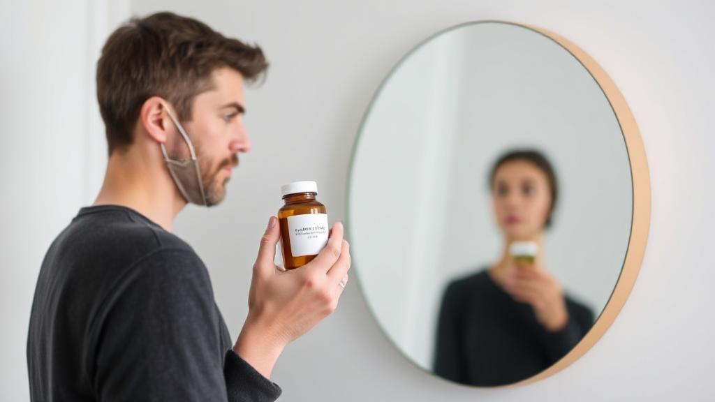 A thoughtful person holding a pill bottle, contemplating their reflection in a mirror, symbolizing the decision to continue Paxlovid treatment as COVID-19 symptoms improve.