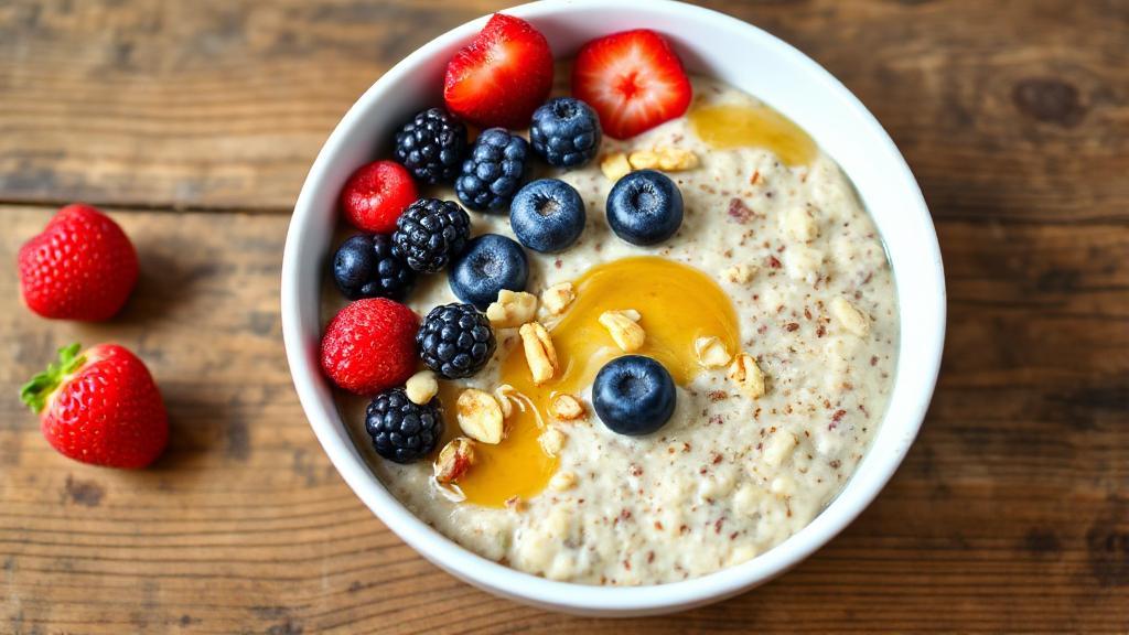 A vibrant bowl of overnight oats topped with fresh berries, nuts, and a drizzle of honey, set against a rustic wooden table.