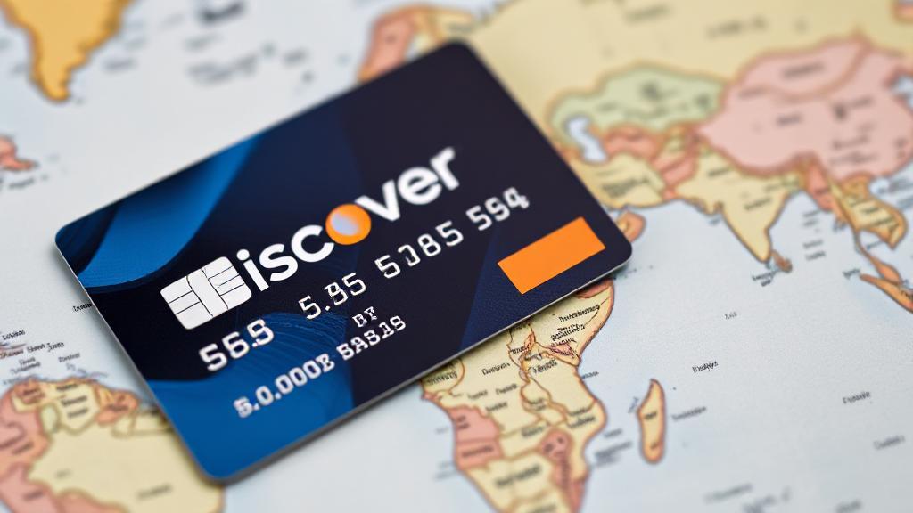 A close-up image of a Discover Card placed on a world map, symbolizing international transactions.