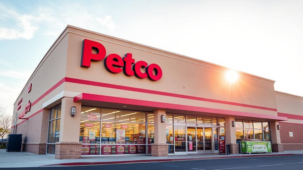 A vibrant image of a Petco storefront with clear signage, set against a bright morning sky, indicating the start of a new business day.