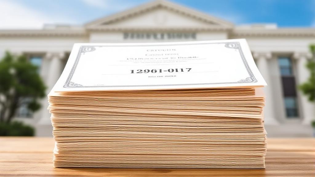 A stack of certificates of deposit with a bank building in the background, symbolizing financial security and investment growth.