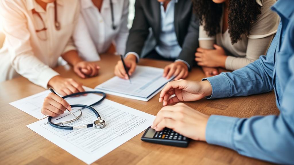 A diverse group of people examining medical insurance documents with a stethoscope and calculator on a table.