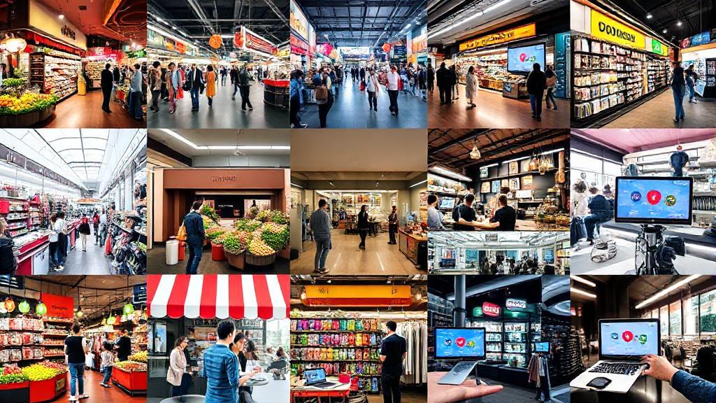 A vibrant collage of diverse shopping environments, from bustling markets to sleek online platforms, illustrating the myriad of purchasing options available today.
