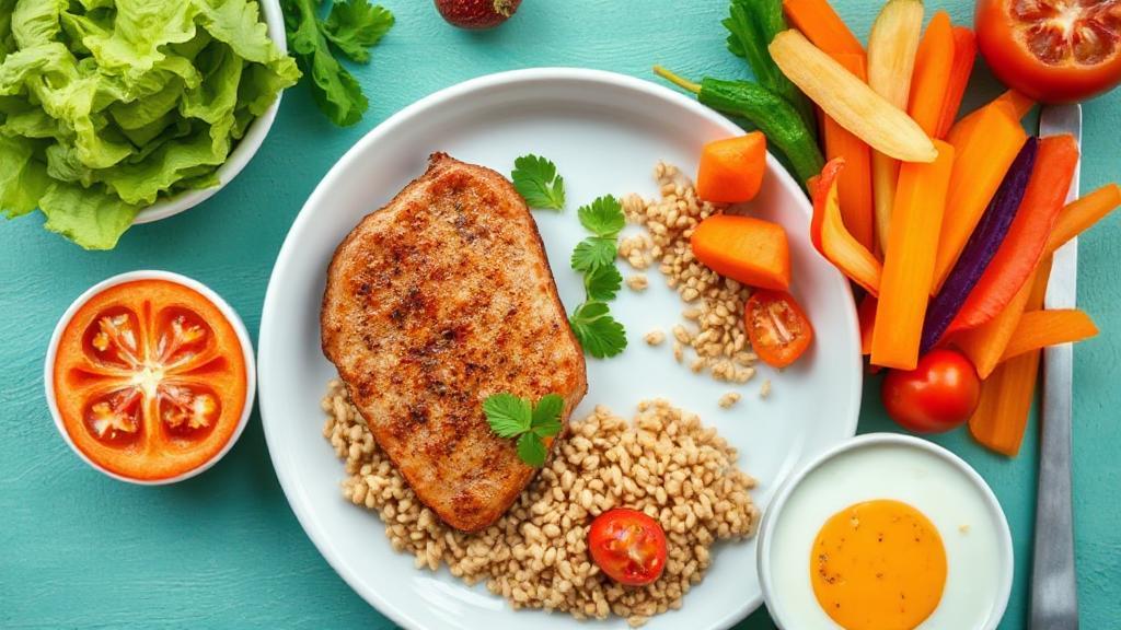A vibrant overhead view of a balanced meal plate featuring lean protein, whole grains, and colorful vegetables, symbolizing optimal nutrition.
