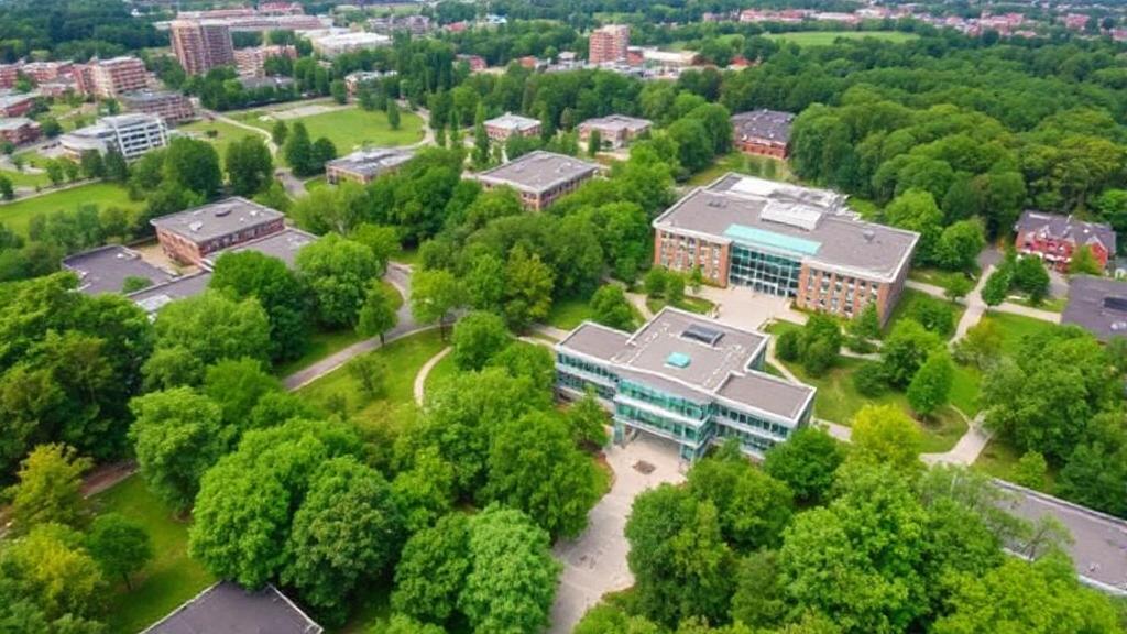 A scenic aerial view of Walden University's campus surrounded by lush greenery and modern architecture.