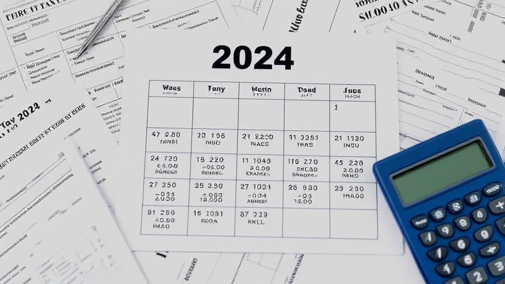 A calendar marked with important tax filing dates for 2024, surrounded by tax forms and a calculator.