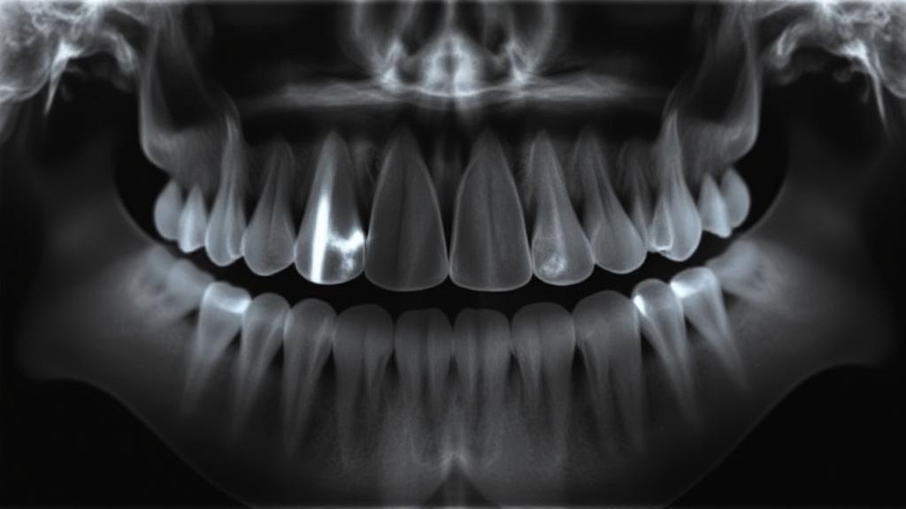 A close-up of a dental X-ray highlighting impacted wisdom teeth.
