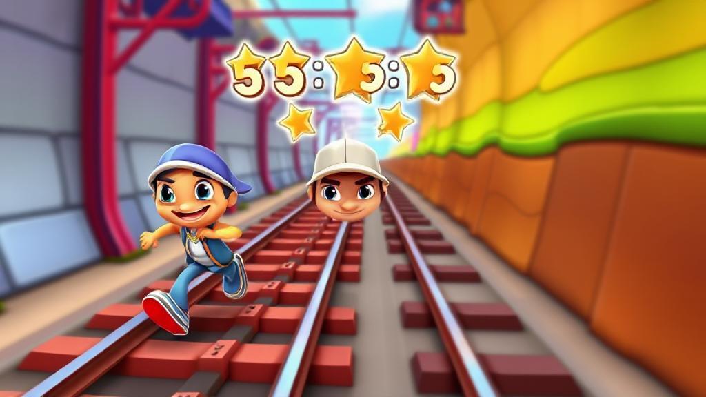 A vibrant header image featuring the main Subway Surfers character running along colorful train tracks, with high score numbers and level-up icons floating above, symbolizing progression to the highest levels.