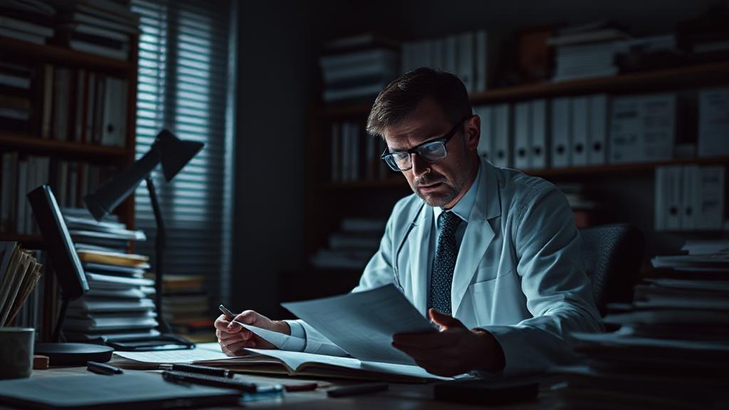A forensic psychologist analyzing evidence in a dimly lit office, surrounded by case files and psychological assessment tools.