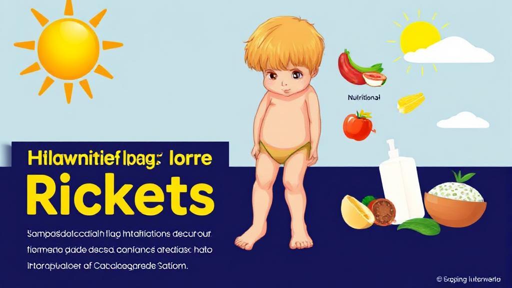 A vibrant illustration depicting a child with bowed legs, highlighting the physical symptoms of rickets against a backdrop of nutritional elements like sunlight and calcium-rich foods.