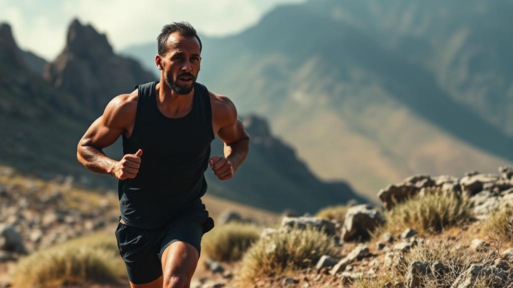 A dynamic image of David Goggins running through a rugged landscape, embodying resilience and determination.