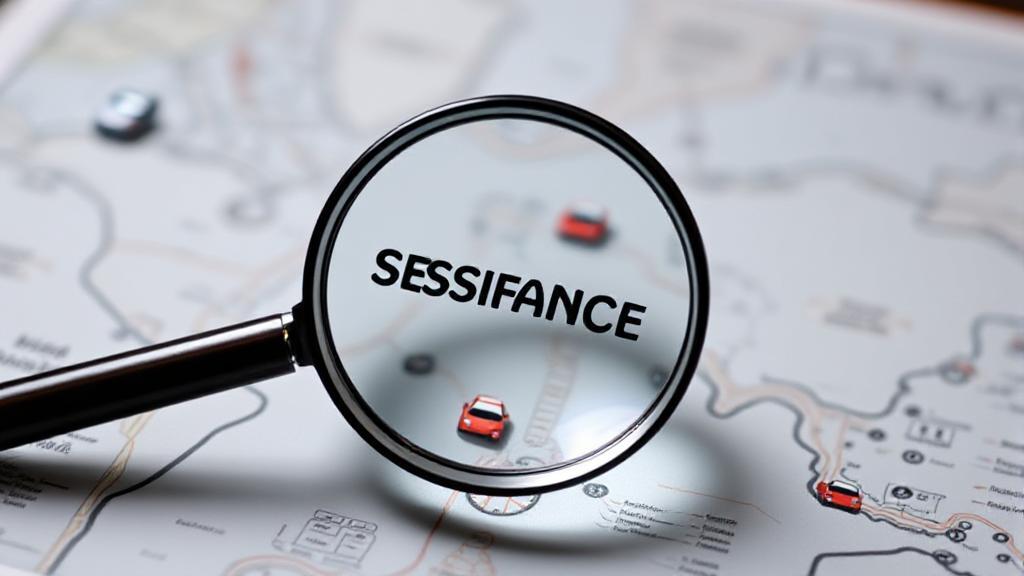 A magnifying glass hovering over a map with various car insurance icons, symbolizing the search for affordable car insurance options.