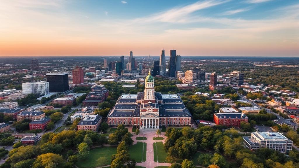 Aerial view of Southern Methodist University's picturesque campus nestled in the vibrant cityscape of Dallas, Texas.