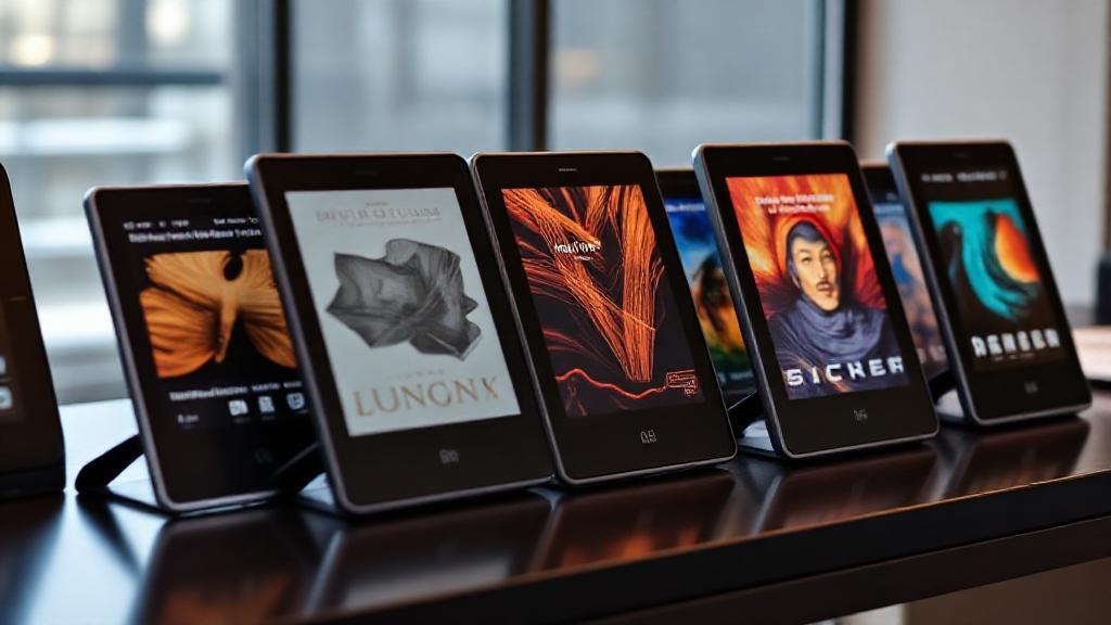 A sleek lineup of the latest e-readers displayed on a modern desk, each showcasing vibrant digital book covers on their screens.