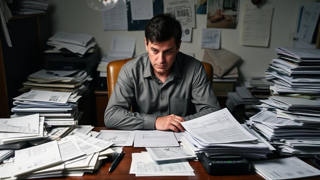 A somber image of a person sitting at a cluttered desk, surrounded by bills and financial documents, contemplating their options.