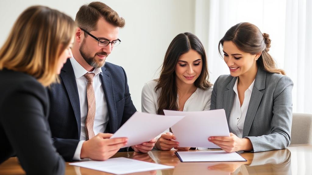 A couple reviewing legal documents with a lawyer, symbolizing the financial considerations of a prenuptial agreement.