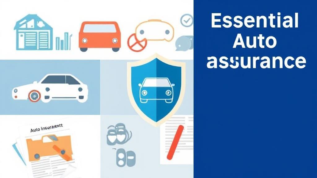 A collage of car icons, insurance documents, and a shield symbol, representing essential auto insurance coverages.