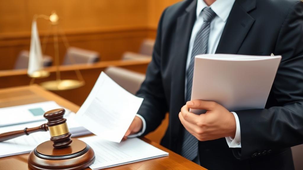 A professional attorney confidently presenting a case in a courtroom, surrounded by legal documents and a gavel.