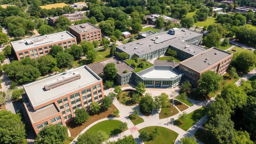 Aerial view of Capella University's modern campus with lush greenery and contemporary architecture.