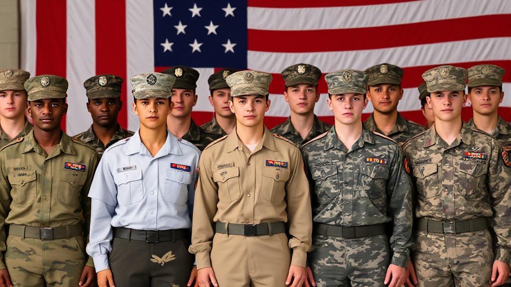 A diverse group of military recruits standing in formation, each wearing different service branch uniforms, against a backdrop of the American flag.