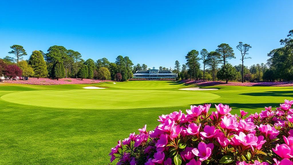 A vibrant image of Augusta National Golf Club's iconic 12th hole, capturing the lush green fairways and azaleas in full bloom under a clear blue sky.