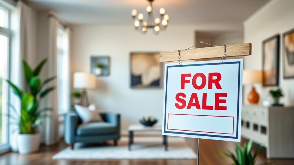 A vibrant image of a modern, well-staged home interior with a "For Sale" sign in the foreground, symbolizing a quick and successful home sale.