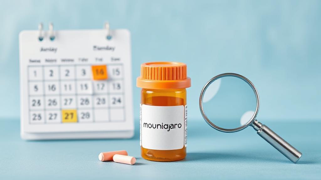 A header image featuring a calendar marked with key dates, a prescription bottle labeled "Mounjaro," and a magnifying glass symbolizing the search for insurance coverage.