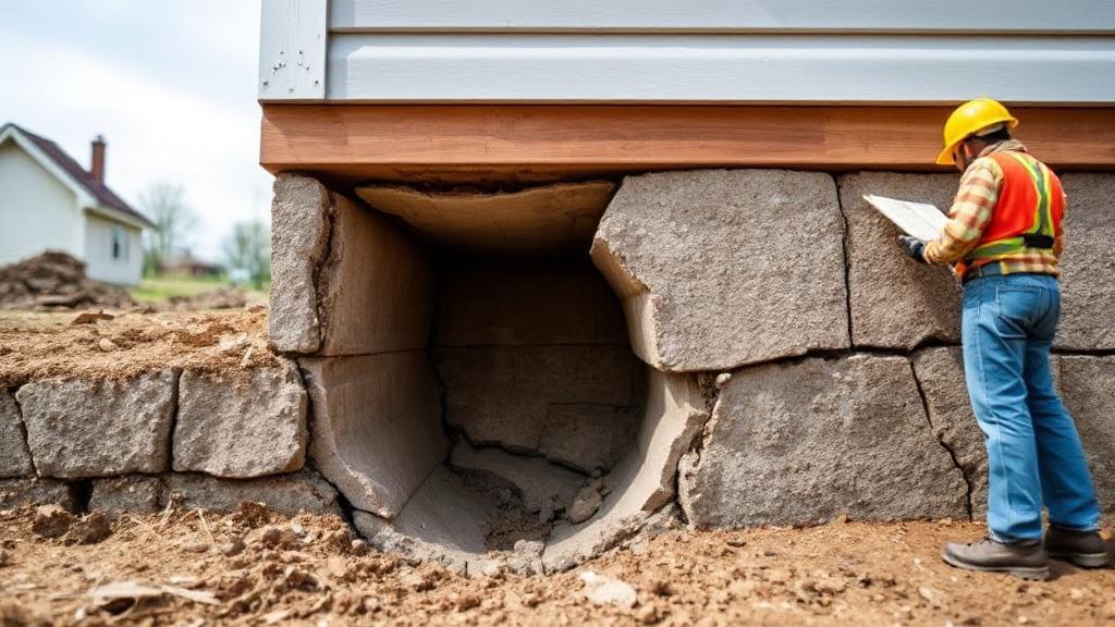 A close-up image of a cracked house foundation with a construction worker assessing the damage, symbolizing the complexities and costs of foundation repair.