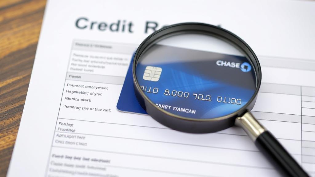A close-up image of a credit report document with a Chase credit card and a magnifying glass placed on top.