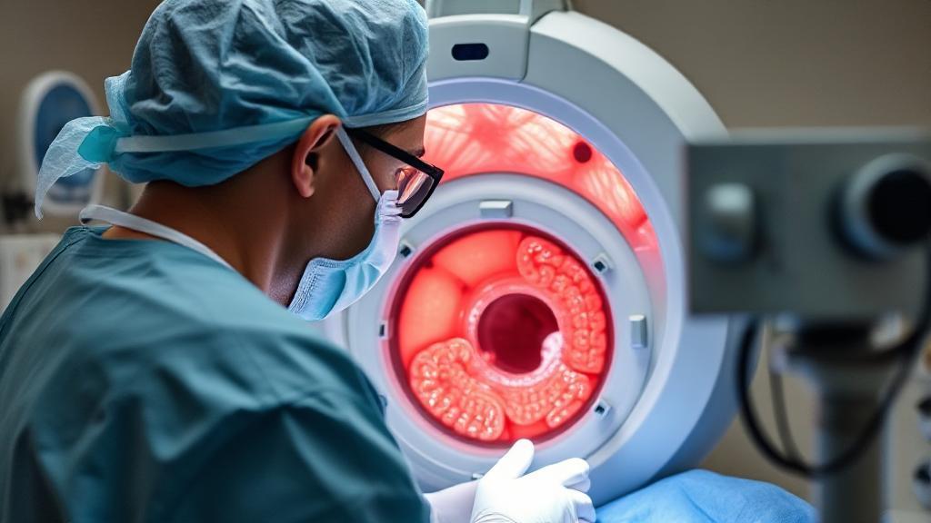 A medical professional performing a colonoscopy procedure in a sterile hospital environment.