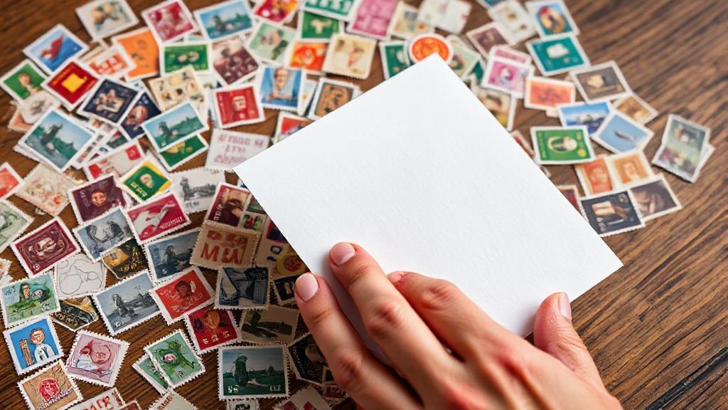 A close-up image of various colorful postage stamps scattered on a wooden table, with a hand holding a letter ready to be stamped.