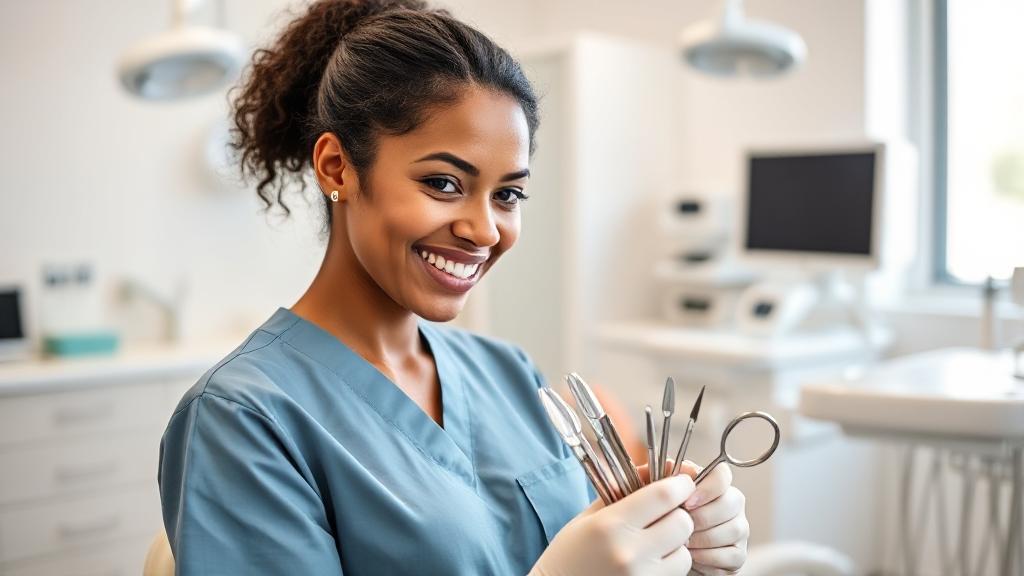 A smiling dental assistant in scrubs prepares dental instruments in a bright, modern dental office.