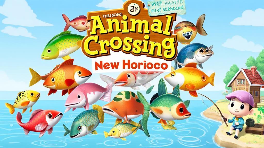 A vibrant collage of diverse fish from Animal Crossing: New Horizons swimming in clear blue water, with a fishing rod and a cheerful villager on the riverbank.