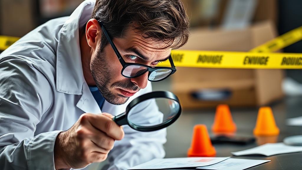 A determined investigator examines a crime scene with a magnifying glass, surrounded by evidence markers and police tape.