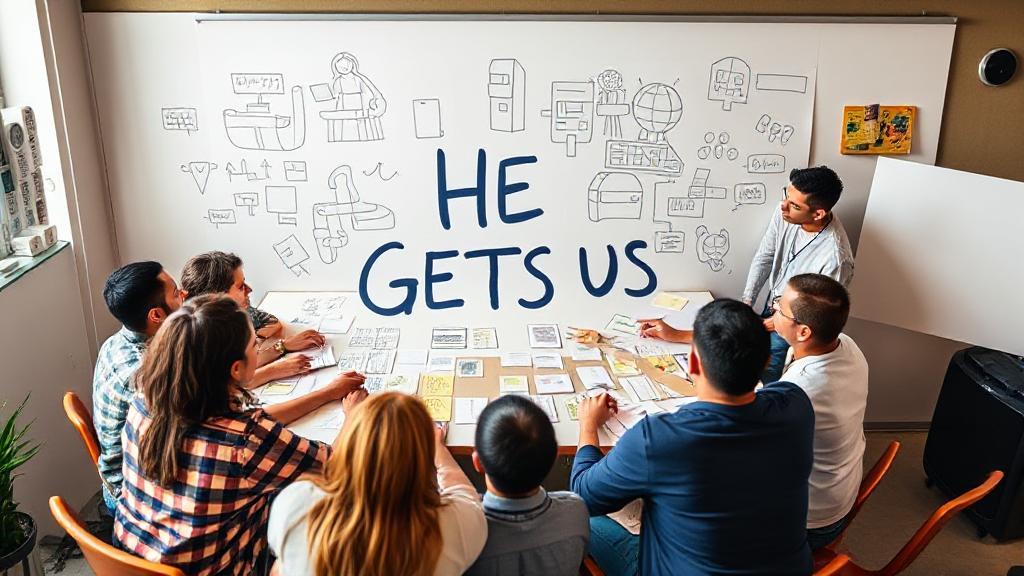 A diverse group of people engaged in a creative brainstorming session, surrounded by sketches and notes, symbolizing collaboration and innovation behind the "He Gets Us" campaign.