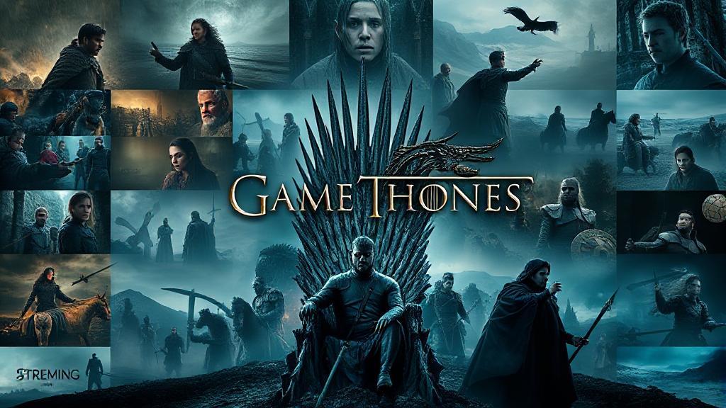 A captivating collage of iconic Game of Thrones scenes set against a backdrop of streaming and TV icons.