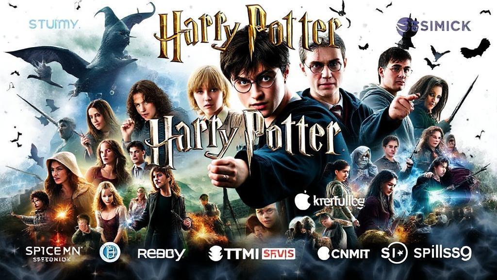 A magical collage featuring iconic scenes and characters from the Harry Potter movies, set against a backdrop of swirling spell effects and streaming service logos.