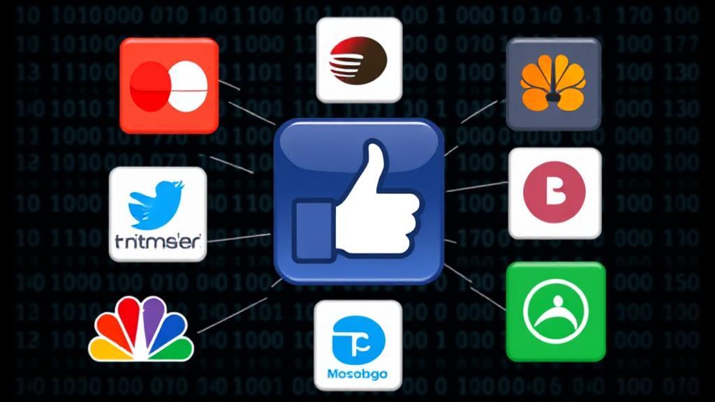 A sleek digital collage featuring streaming platform logos surrounding the iconic Facebook "like" button, set against a backdrop of binary code.