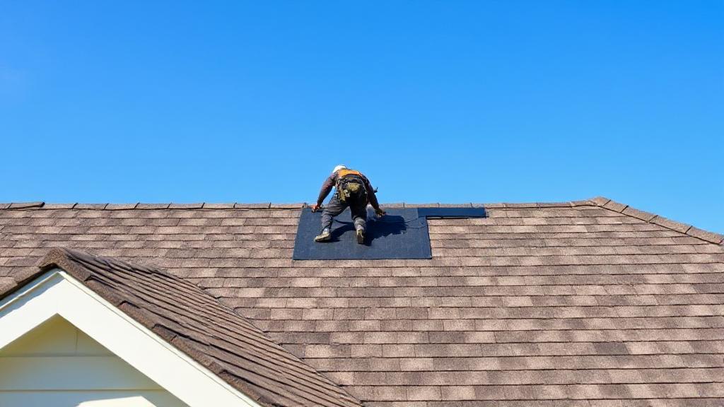 Aerial view of a construction worker installing shingles on a residential roof under a clear blue sky.