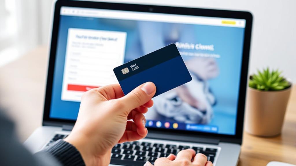 A person holding a credit card in front of a laptop displaying a rental payment portal.