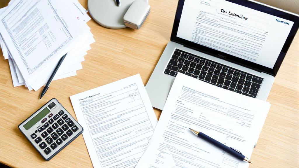 A neatly organized desk with tax documents, a calculator, and a laptop displaying a tax extension form.