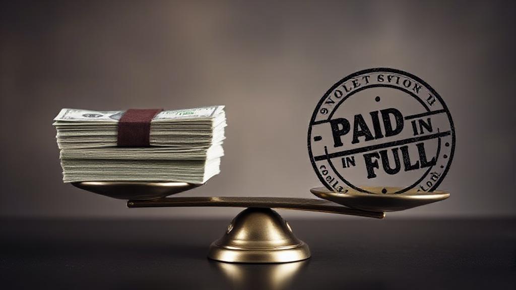 A balanced scale with a stack of bills on one side and a "Paid in Full" stamp on the other, symbolizing the decision to pay off collections.