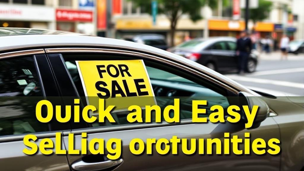 A dynamic image of a car with a "For Sale" sign in the window, parked in a bustling urban setting, symbolizing quick and easy selling opportunities.