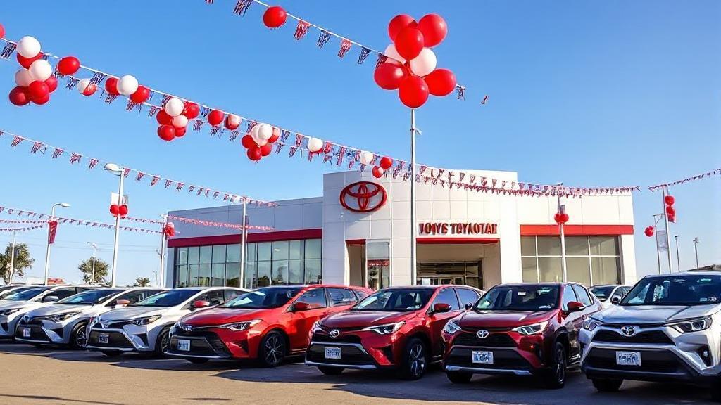 A vibrant dealership scene showcasing a lineup of Toyota vehicles adorned with festive banners and balloons, signaling the excitement of the annual Toyotathon sales event.