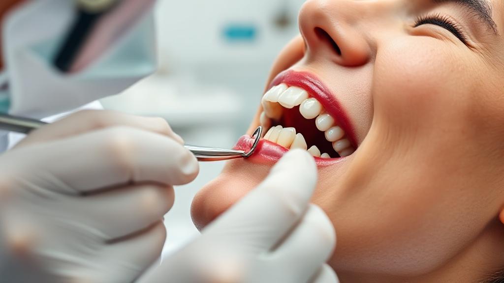 A close-up image of a dentist carefully placing a tooth crown on a patient's molar, with dental tools and a bright clinic background.