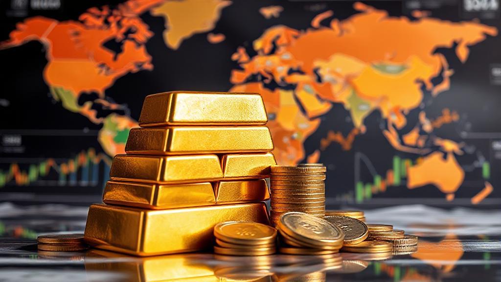 A gleaming stack of gold bars and coins set against a backdrop of world maps and financial charts.