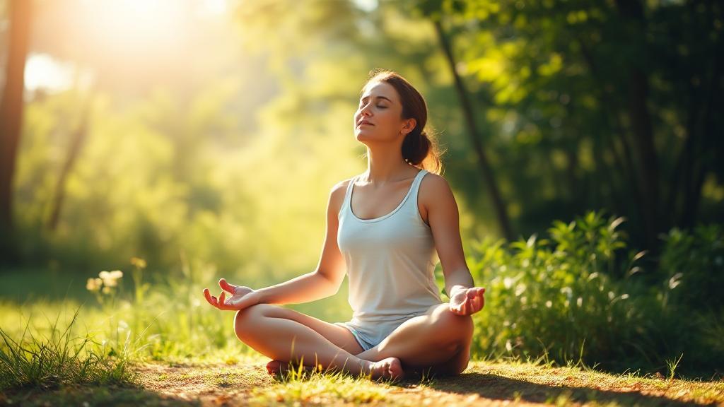 A serene individual sits cross-legged in a sunlit natural setting, eyes closed in peaceful meditation, with gentle light and soft greenery symbolizing calm and holistic well-being.