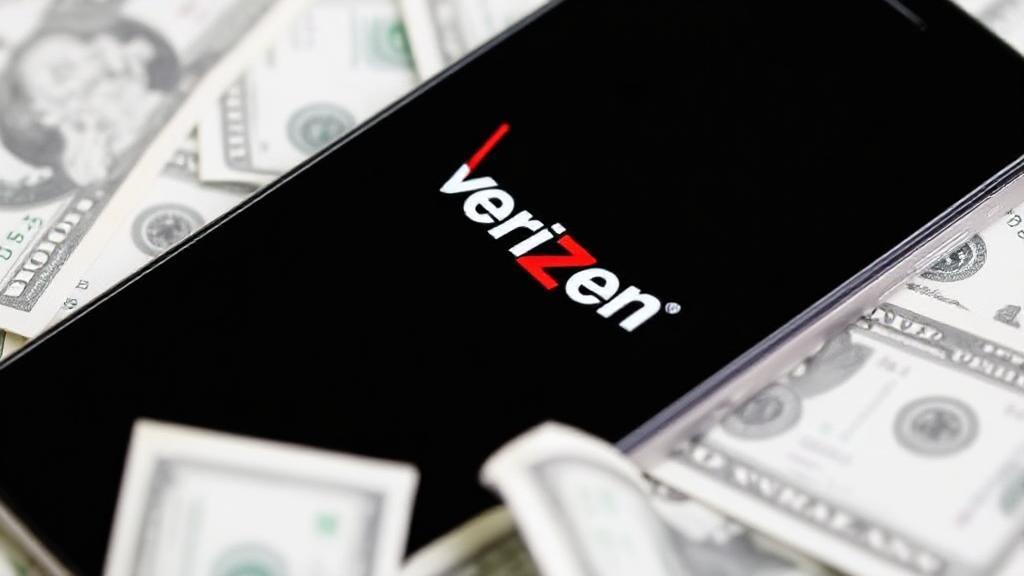 A sleek smartphone with a Verizon logo, surrounded by dollar bills, symbolizing potential financial relief.