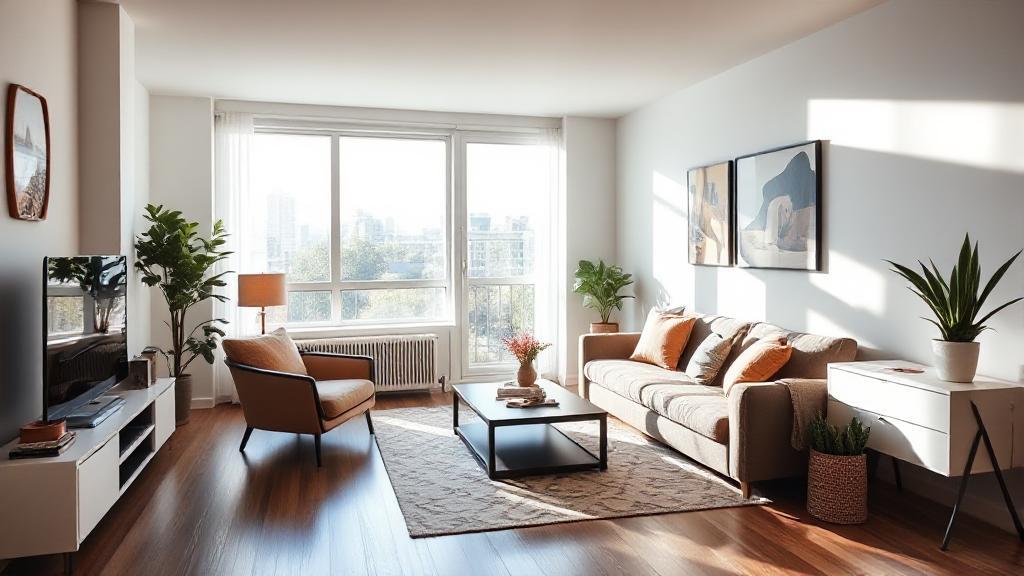A welcoming, modern apartment interior with cozy decor and natural light streaming through large windows, showcasing an ideal Airbnb listing.