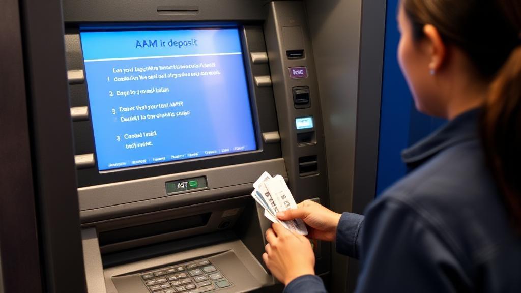 A person confidently using an ATM to deposit cash, with clear step-by-step instructions displayed on the screen.